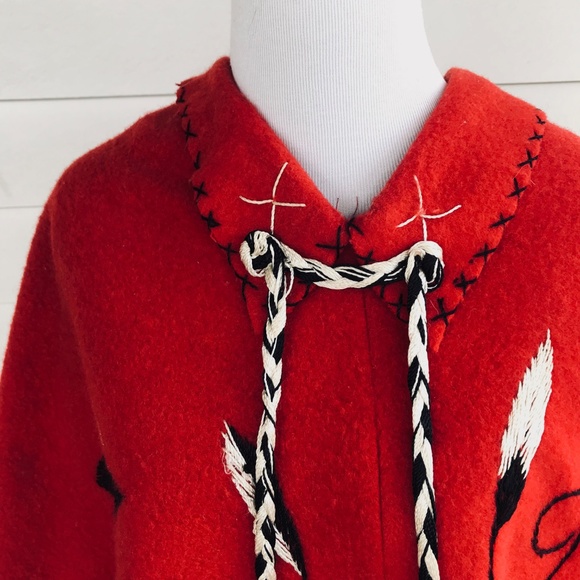Vintage Red Wool Embroidered Poncho Cape - Picture 2 of 8